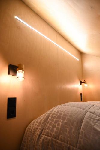 a bedroom with a bed and two lights on the wall at Mountain tea in Pávliani
