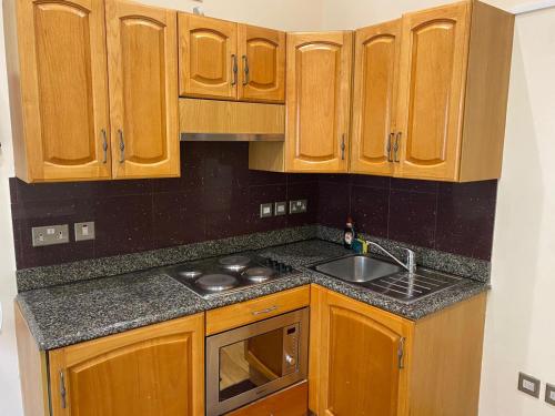 a kitchen with wooden cabinets and a sink at MSK Superior in London