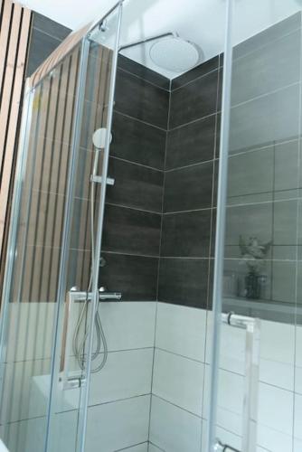 a shower with a glass door in a bathroom at Appartement du Plateau - Proche Disney in Pontault-Combault