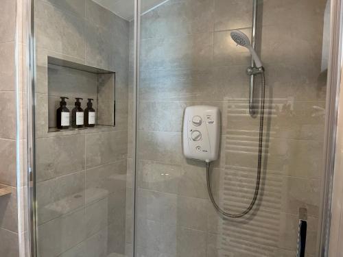 ducha con puerta de cristal y cabezal de ducha en Adorable Cabin in the Countryside, en Portlaoise