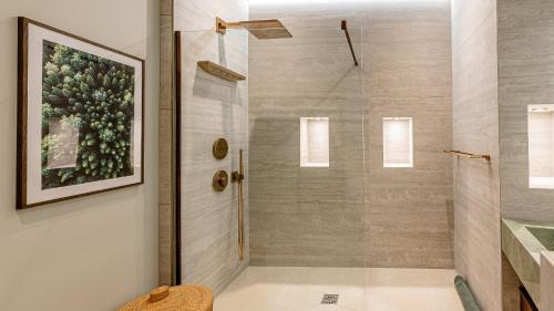 eine Dusche in einem Badezimmer mit einem Gemälde von Trauben in der Unterkunft L'Écrin Alpin - Centre historique - Haut standing in Chambéry