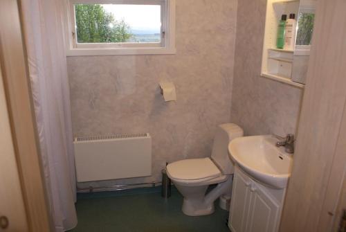 a bathroom with a toilet and a sink and a window at Loberget Oviken in Oviken