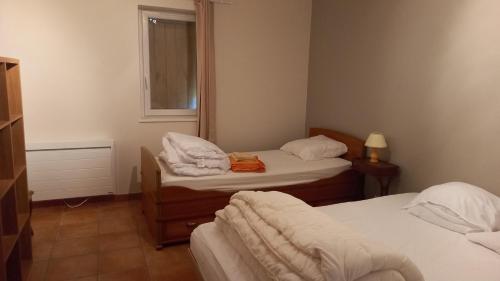 a small room with two beds and a window at gite des Grivaux in Pierrefitte-sur-Loire