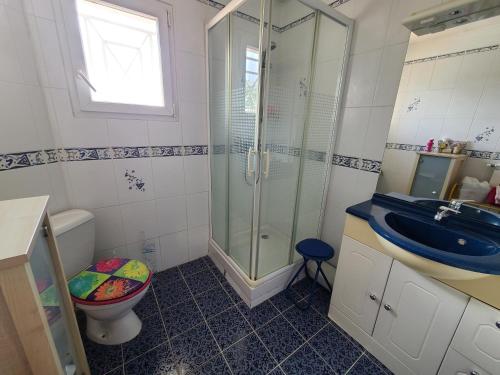 une salle de bain avec une douche, des toilettes et un lavabo dans l'établissement Belle maison, à Bruguières