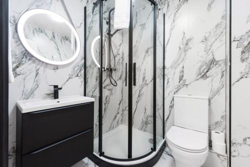 a bathroom with a shower and a toilet and a mirror at Ty Ayla Premier Apartments - Roath Park in Cardiff