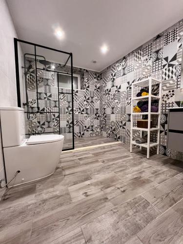 a bathroom with a shower and a tub and a toilet at Casa Dos Borrachos in Aldeia do Mato