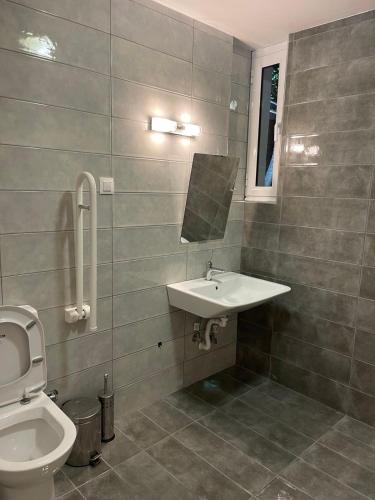 a bathroom with a sink and a toilet at Villa di gioia- πρώην Chanel in Marathos
