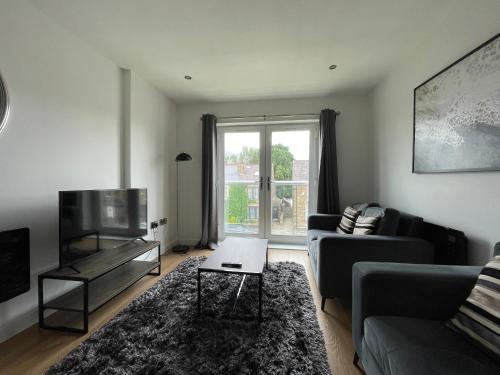 a living room with a couch and a tv at Stylish and Modern 2BR Apartment with Parking in Sheffield