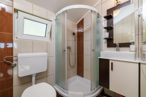 La salle de bains est pourvue d'une douche, de toilettes et d'un lavabo. dans l'établissement House Ljerka, à Barbat na Rabu