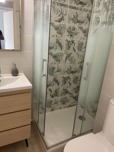 une salle de bain avec douche et lavabo dans l'établissement Appartement T2 avec piscine, à Sanary-sur-Mer