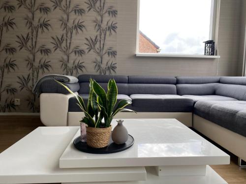 a living room with a blue couch and a white coffee table at Katwijk Center, 1 min away from the beach! in Katwijk aan Zee