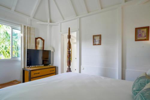 a bedroom with a bed and a flat screen tv at Charming Bungalow in Saint Barthélemy with Shared Pool in Saint Barthelemy