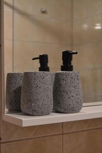two soap dispensers sitting on a shelf in a bathroom at Una Apartment Cetinje in Cetinje