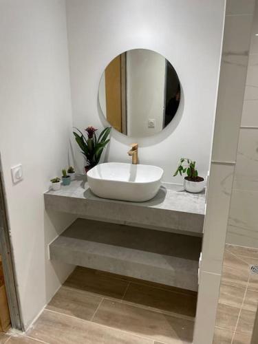 une salle de bain avec un lavabo et un miroir dans l'établissement Villa avec piscine et place de parking proche centre ville, à Aix-en-Provence