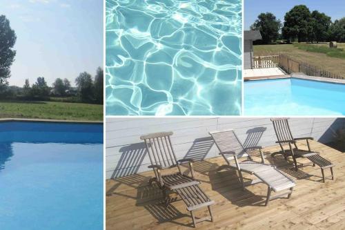 - un groupe de chaises à côté de la piscine dans l'établissement Grand gîte, campagne, piscine et spa - Saumur, à Blou