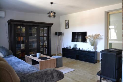 a living room with a couch and a tv at Una Apartment Cetinje in Cetinje