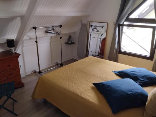 a bedroom with a bed with blue pillows and a window at Une terrasse pleine vue mer in Le Gosier