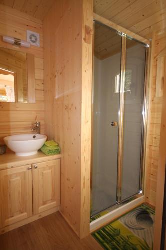 une salle de bain avec douche et lavabo dans l'établissement Les Roulottes de la Dordogne, à Champagnac
