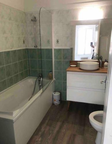 une salle de bain avec une baignoire, un lavabo et des toilettes dans l'établissement Superbe T2 de caractère au centre classé 3 étoiles, à Troyes