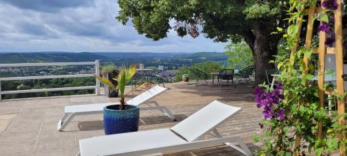 a deck with two chairs and a potted plant at Le Clos Des Etoiles in Le Bugue