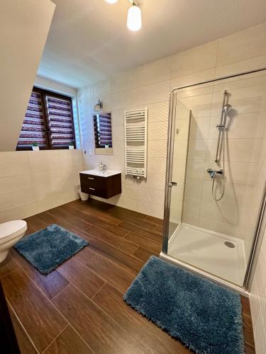 a bathroom with a shower and a toilet and blue rugs at Rodart Morski in Sztutowo