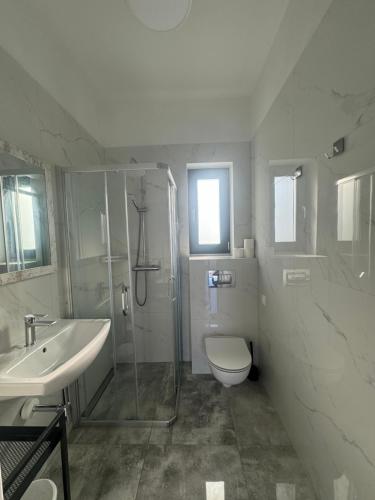 a bathroom with a shower and a toilet and a sink at Kamyczek in Gąski