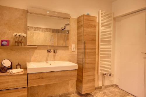 une salle de bain avec un lavabo blanc et une douche dans l'établissement Maison cœur village piscine wifi 4 pers, à Vacqueyras