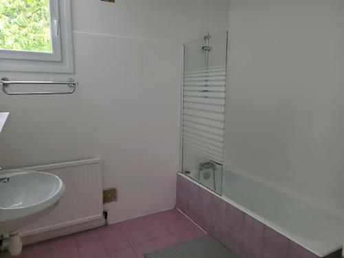 a bathroom with a sink and a toilet and a window at Gîte Saint Ambroise Mont Saint-Michel in Bacilly
