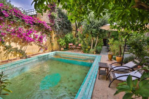 a swimming pool in a yard with chairs and flowers at Ryad Mabrouka in Fez
