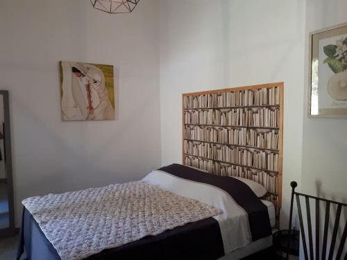 - une chambre avec un lit et une étagère remplie de livres dans l'établissement Beau logis indépendant dans mas piscine 4 pers, à Pujaut