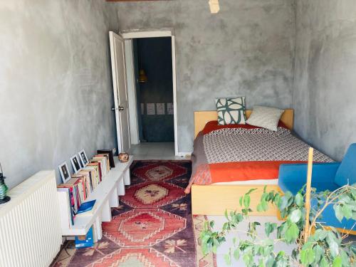 ein Schlafzimmer mit einem Bett, Bücherregalen und einer Tür in der Unterkunft Island House in Adalar