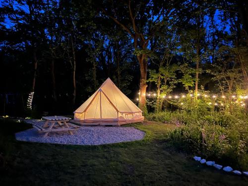 a tent and a picnic table in a yard at night at Glamping at Camp Corve in Chale