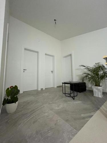 a white room with three doors and a table at Hotel Noel in Vlorë