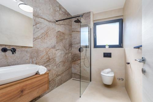 a bathroom with a shower and a toilet and a sink at Villa Butoniga Hills in Pazin