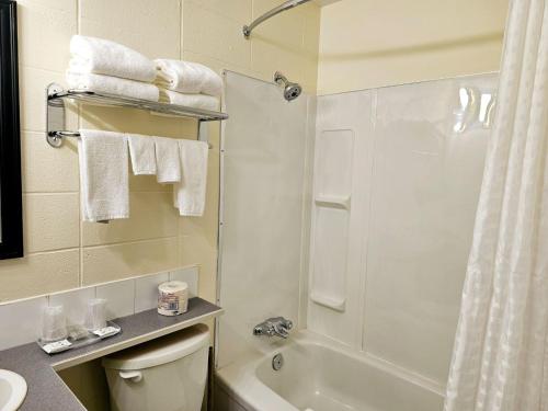 a bathroom with a shower and a toilet and a sink at Canadian Motor Inn in Grande Prairie