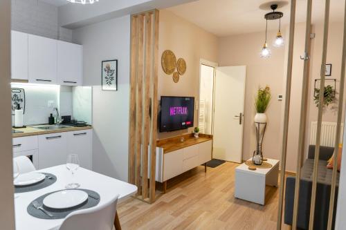 cocina y sala de estar con mesa y TV en NOVOS guesthouse Meteora, en Kalambaka