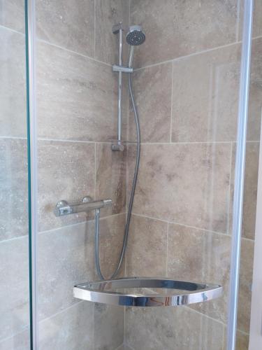 une douche avec une porte vitrée dans une salle de bain dans l'établissement V.KLS Appartement 3, à Languidic