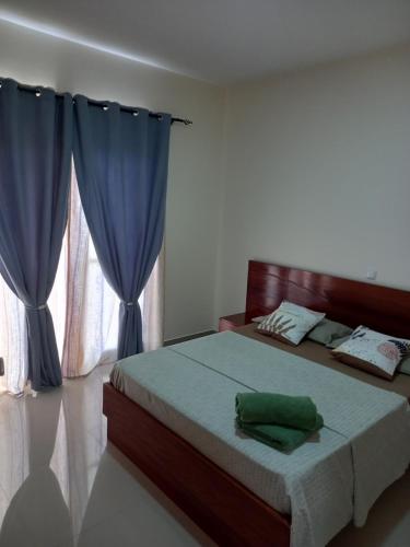 1 dormitorio con 1 cama con cortinas azules en Nifa House, en Espargos