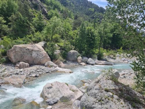 a river with rocks and trees on a mountain at Maison atypique in Tende