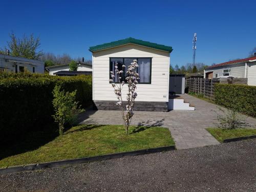 a small white house with a plant in the yard at Cozy chalet near Amsterdam at Camping Venhop in Berkhout
