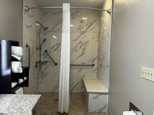 a bathroom with a shower with a shower curtain at Super 8 by Wyndham Houston Webster NASA in Webster