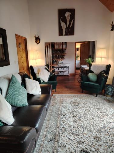 a living room with a leather couch and a rug at Lakeside in Sourdeval