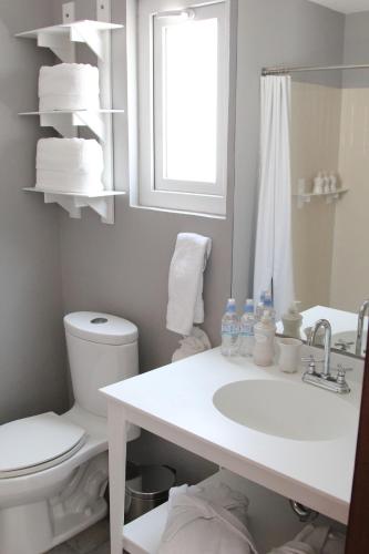 a bathroom with a sink and a toilet and a window at Flor de Mayo Hotel & Restaurant in Cuernavaca