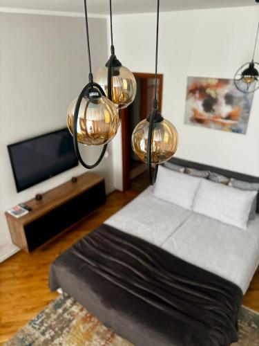 una camera con letto, TV e luci di Apartment Mila a Sarajevo