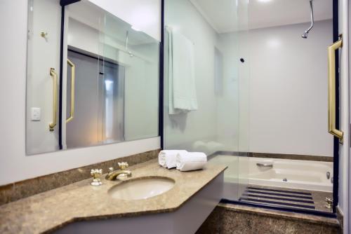 La salle de bains est pourvue d'un lavabo et d'un miroir. dans l'établissement Plaza Inn Small Town Flat, à São Paulo