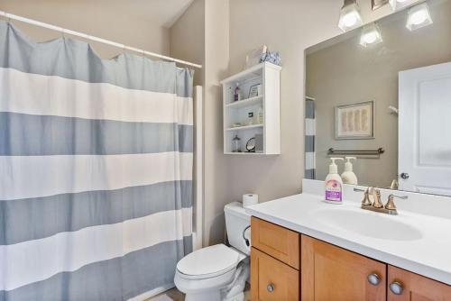 a bathroom with a sink and a toilet and a shower at Schoolhouse Rock in New Buffalo