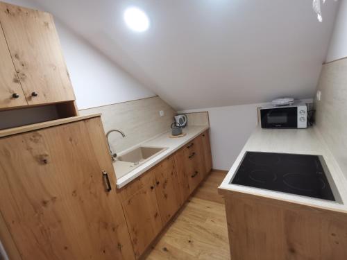 a small kitchen with a sink and a microwave at Turistična Kmetija Zgornji Zavratnik in Luče