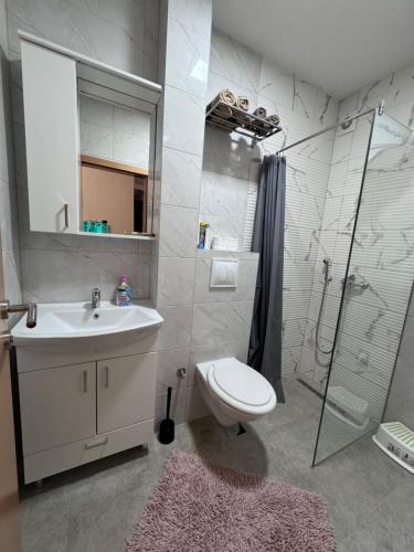 a bathroom with a sink and a toilet and a shower at City centar Travnik in Travnik