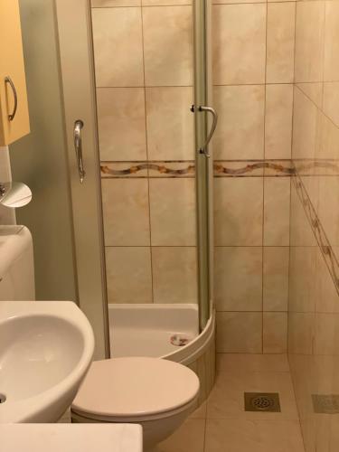 a bathroom with a shower and a toilet and a sink at Lorena Apartment in Šibenik