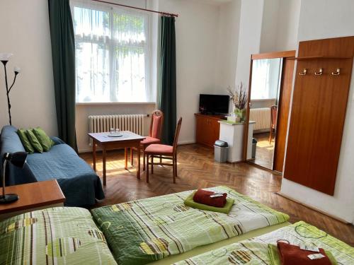 a living room with a couch and a table at Penzion Villa Gerlach in Vysoke Tatry - Novy Smokovec
